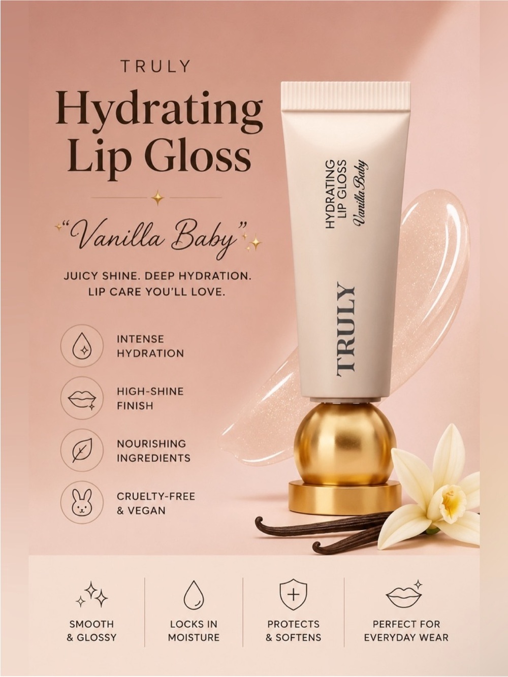 TRULY Vanilla Baby Peptide Lip Gloss Vanilla Baby Shade Nude Pink Tube
